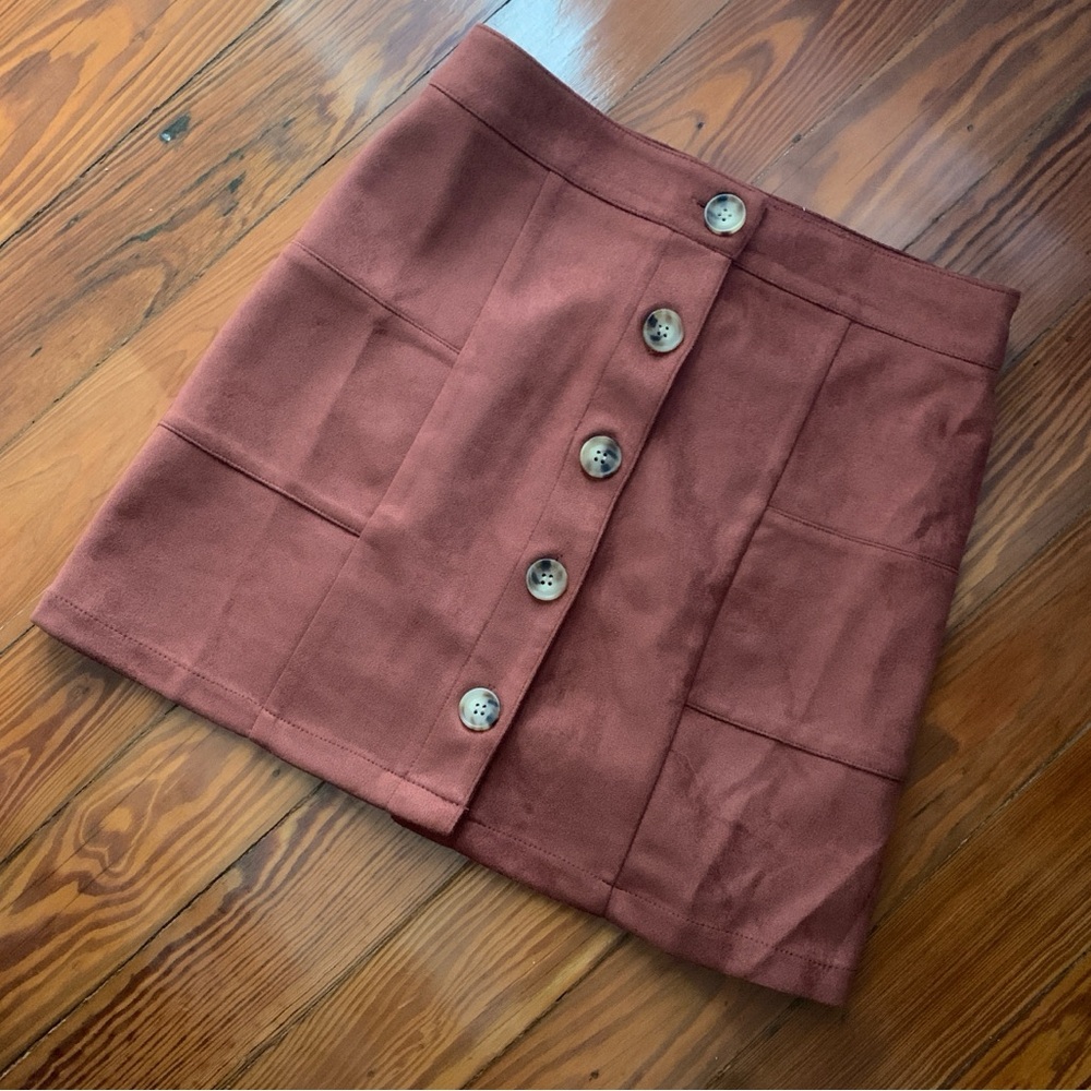 Burgundy Altar’d State mini skirt. Velvety button down.